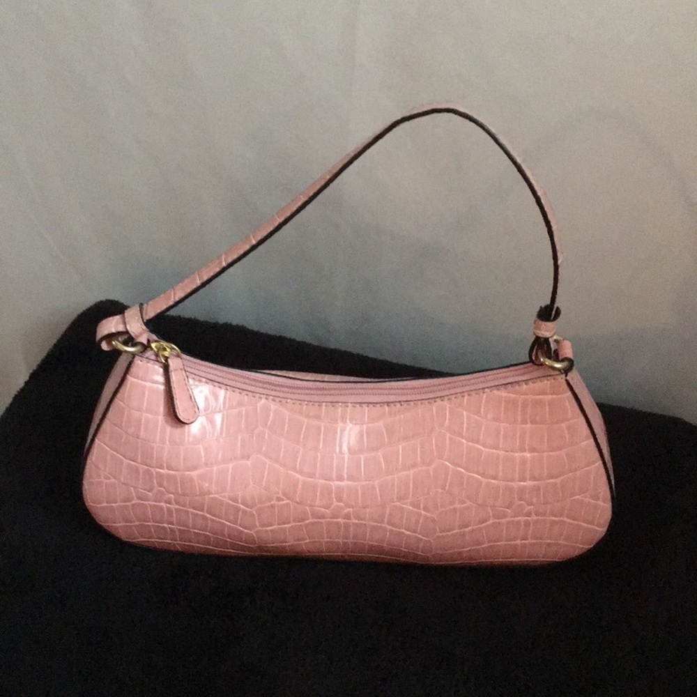 Pink alligator print zippered mini purse short handle made in Indonesia